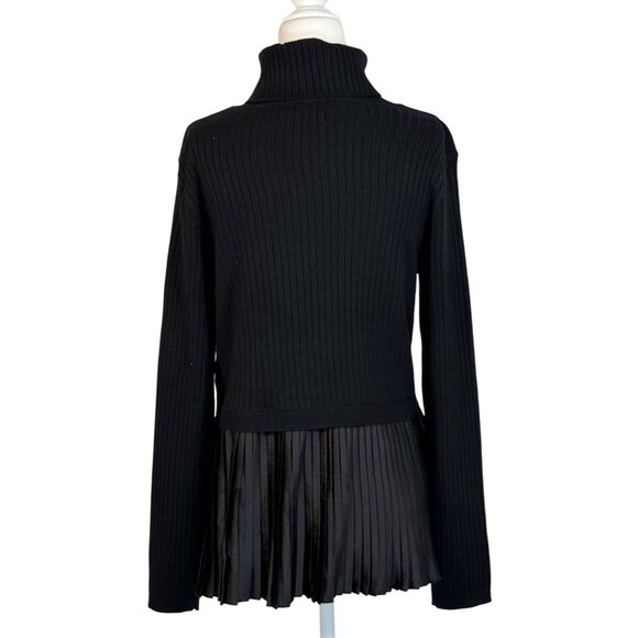 NINE WEST Size M Women Black Ribbed Knit Top With Pleated Satin Hem & Turtleneck - Picture 2 of 5